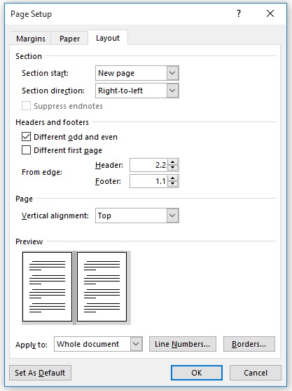 آماده‌سازی فایل برای صفحه‌بندی کتاب - تنظیمات سرصفحه و پاصفحه